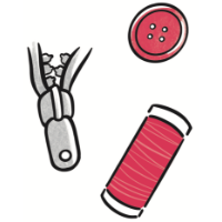 illustration pour illustrer de la petite mercerie : une fermeture éclair et une bobine de fil rouge et un bouton