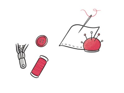 Des illustration d'articles de mercerie dessinés en gris et rouge : aiguilles, Zip, boutons, fils.