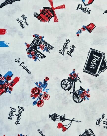Tissu coton fonds blanc bonjour Paris et vélos noirs