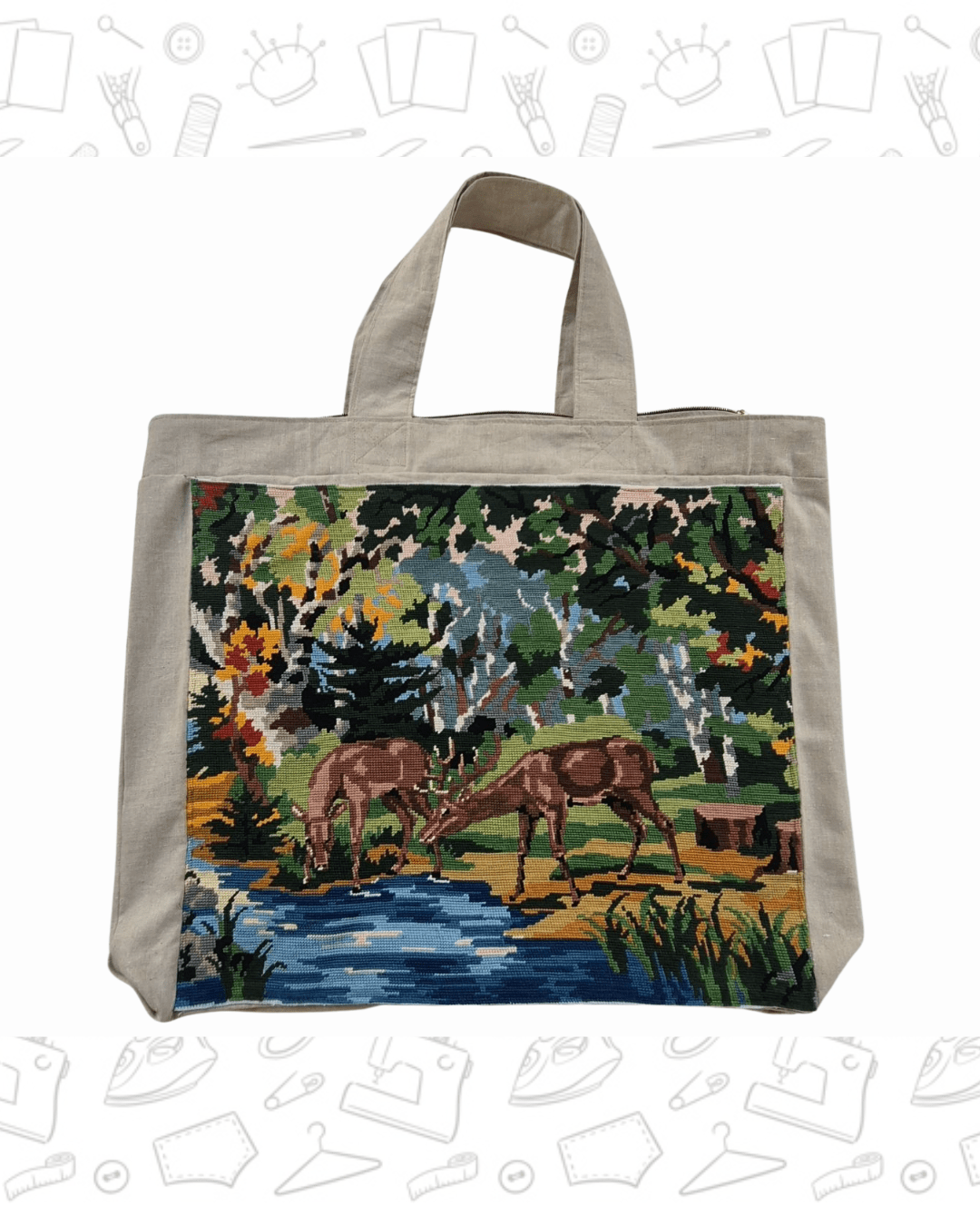 Grand sac en lin gris orné d un caneva